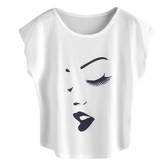 Camiseta de mujer verano Luckycat Mujeres rostro Impresión Camisa Camiseta  De Manga Corta Blusa Tops Camiseta de parte superior, L(AsianL\u003dEUM), Weiß,  1 : Amazon.es: Hogar y cocina