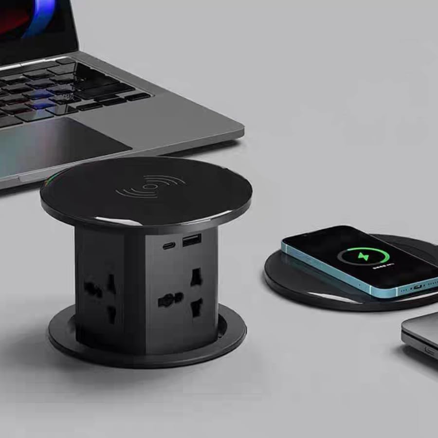 Pop Up Outlet, Automatic Hidden Power Strip with 15W Wireless Charger, 4 AC Outlets Plug with 2.1A USB and PD 20W Type-C Rapid Charge Stations for