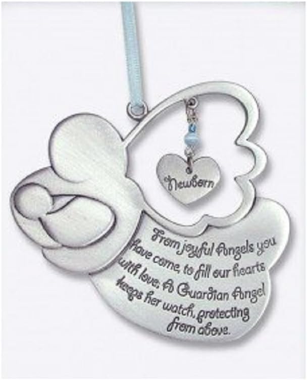 Sweet GUARDIAN ANGEL Baby BOY Crib Medal 4" PEWTER - CHRISTENING/SHOWER GIFT/Baptism KEEPSAKE/with BLUE RIBBON/GIFT BOXED/INFANT - Newborn