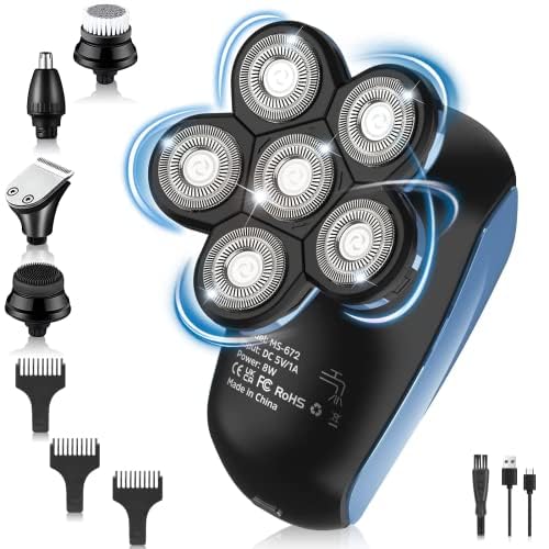 Afeitadora Electrica Hombre, 6 en 1 Afeitadora Cabeza Hombre USB Recargable 6D Rotativas Cabezas, Uso Seco y Húmedo, Resistente al Agua, Maquina de Afeitar Hombre Multifunción para Hombres Calvos