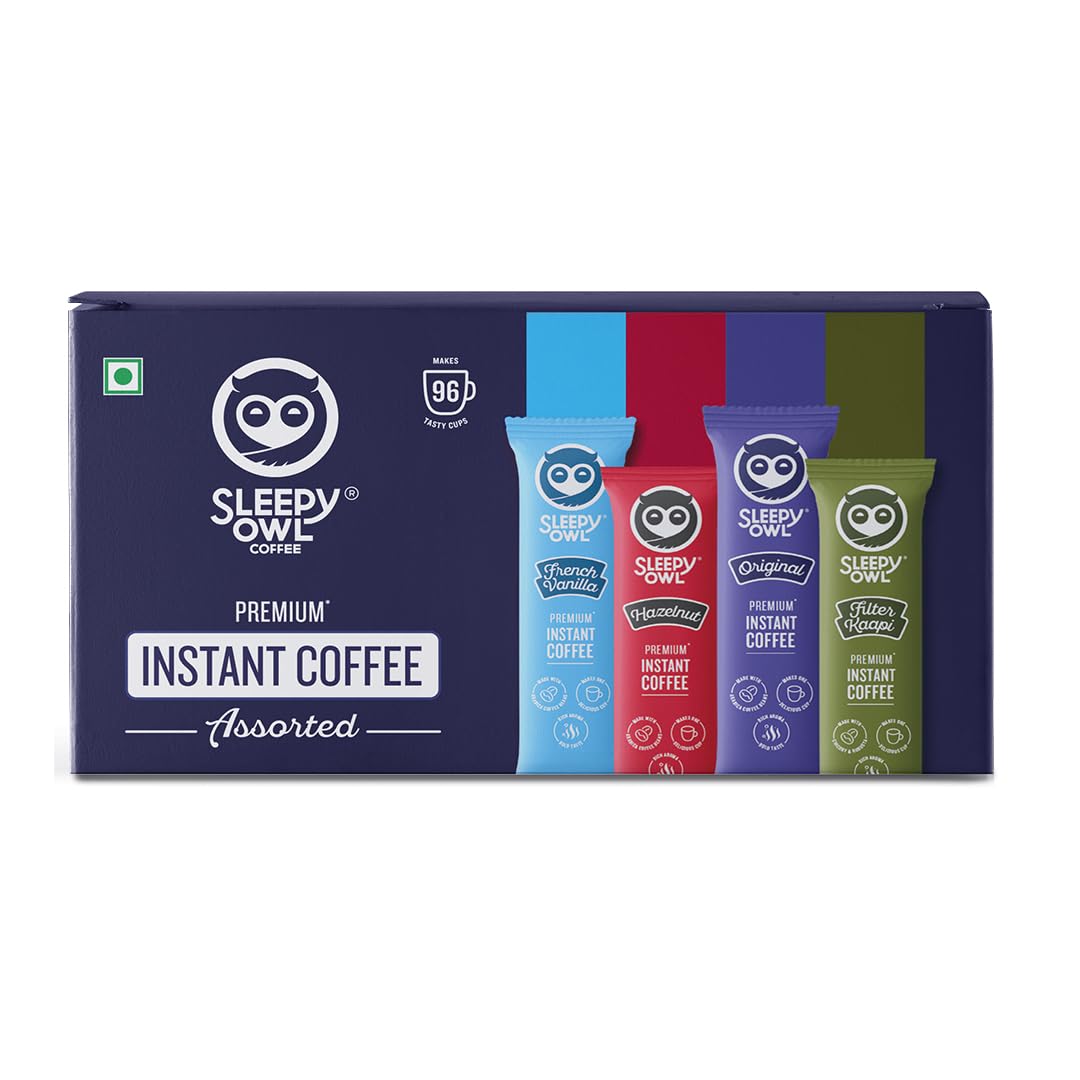 Sleepy Owl Pack Of 96 Assorted Flavour Instant Coffee Powder Sachets, 192G Freeze Dried Coffee Powder 24 Sachet Each-Original, French Vanilla, Filter Kaapi And Hazelnut Flavoured Coffee Powder