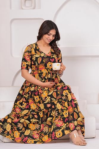 Image of The Moon Star Women's Cotton Floral Printed Anarkali Maternity Feeding Kurti | Breastfeeding Dress for Mothers | Zipper Feeding Kurti,Nursing Kurti, Comfortable and Trendy Maternity Wear