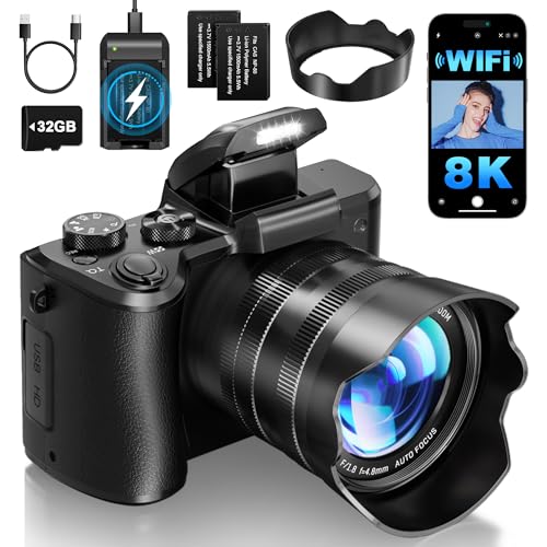 8K Digital Cameras for Photography - Autofocus 88MP WiFi Vlogging Camera for YouTube with Dual-Lens - 16X Digital Zoom Vlog Camera with Lens Hood, Flash, Touch Screen, 2 Batteries, 32GB TF Card
