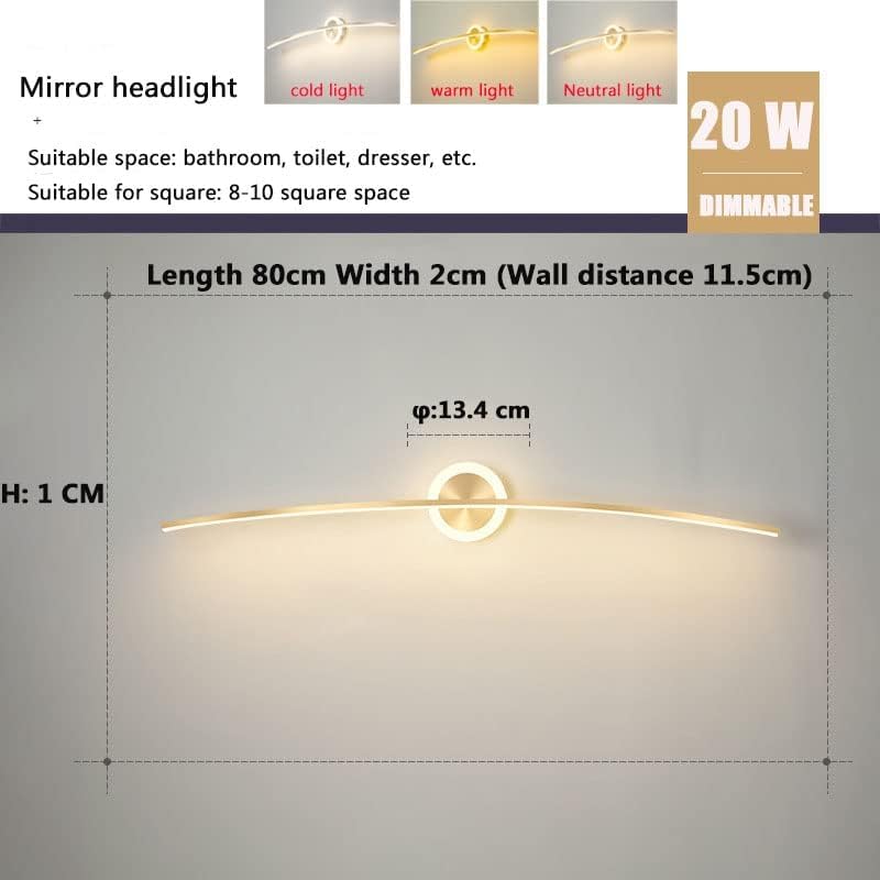 Lampa Lustrzana LED Łazienka 80 Cm 20 W, Światło Lustrzane Ściemnialna Kinkiet, Ściana Łazienkowa IP44, 3000 K-6000 K, 1600 Lm, Wykonana Z Aluminium I Akrylu, Do Szafek Lustrzanych I Luster,Złoto,