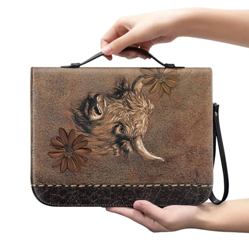 Cow Women Bible Cover for Men, Portable Leather Bible Holder with Handle Pockets Zipper Lightweight Christian Tote Bag for Worship Pilgrimage2