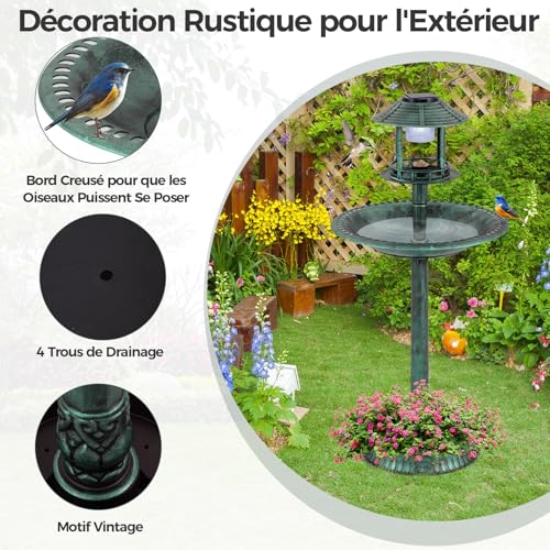 Bain d'oiseaux lumineux solaire GYMAX stable et anti-intempéries extérieur