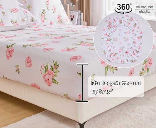 Image of Cozyholy Queen Sheet Set White Pink Floral Bed Sheets Set Cute Soft Microfiber Cooling Sheets 4 Pieces Queen Size Bed Set Wrinkle Free, 15 inch Deep Pocket Fitted Sheet, Flat Sheet, Pillowcases