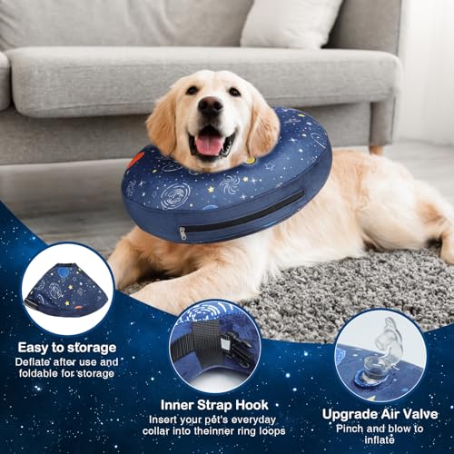 Image of SCENEREAL Dog Cone Alternative After Surgery Donut Collar, Soft Pet Recovery Pillow Collar for Medium Large Dogs, Inflatable Adjustable Neck Collars to Prevent Licking, Planet Print E-Collars M