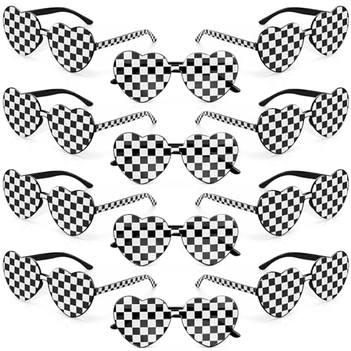 Relaxweex 12 Pcs Race Car Checkered Sunglasses Heart Shaped White
