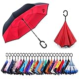 Newsight Reverse Umbrella, Double Layer Inverted Umbrella Upside Down, Self Stand, C Shape Handle, Inverse Inside Out Folding for Car, Windproof, Waterproof, Sun Protective (Red)