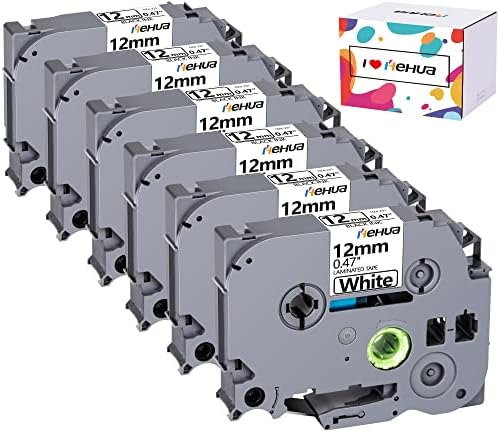 Hehua Tze Tz Tape 12mm 0.47 Laminated White Compatible for Brother Label Maker Tape TZe-231 TZe231 TZ-231 TZ231 1/2'' for Brother Ptouch PT D210 1880 H100 PTD400 PTH110 PTD600, Black on White, 6 Pack