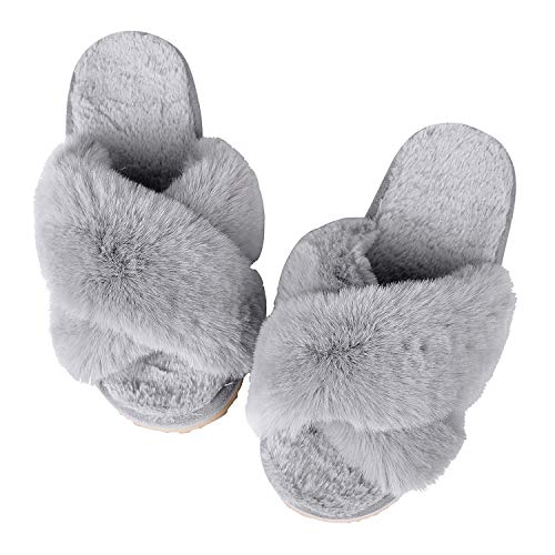 Women's Soft Plush Lightweight House Slippers Fuzzy Cross Band Slip On Open Toe Cozy Indoor Outdoor Slippers Grey Size 7-8 #TOP2