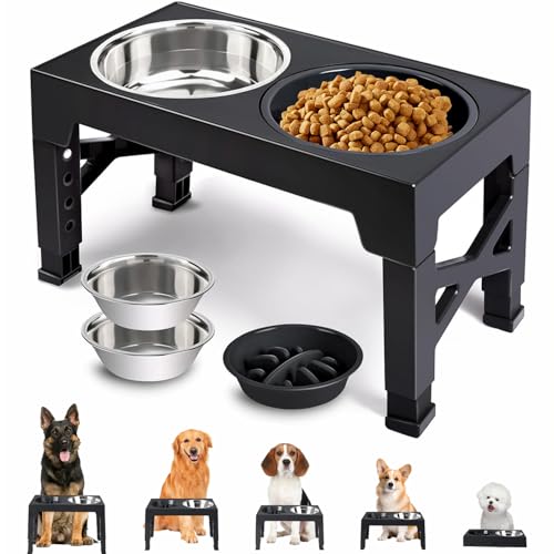 Elevated Dog Bowl: Raised Bowl stand with Two 1.5L Stainless Steel Bowls & 1 Slow Feeder Dog Bowl BLYPHOO Adjustable Bowl Stand with Anti Slip Feet for Small Medium and Large Pets (Black)