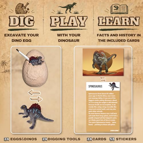 Image of 24 Dinosaur Eggs Excavation Dig Kit, Dino Party Favors for Kids Age 3+ Year | Dinosaur Learning Resources (24 Different Dinos with Knowledge Flashcards), for Birthday /Dinosaur Party Toys or as Decoration