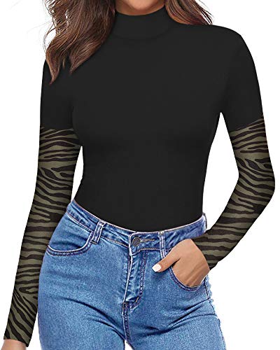 Image of MANGOPOP Women's Mock Turtle Neck Long Sleeve / Sleeveless Tank Tops Bodysuit Jumpsuit (C 1#Patchwork mesh sleeve, Large)