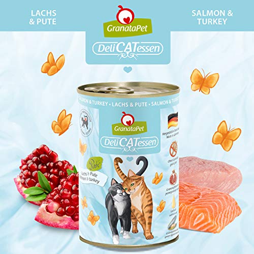 GranataPet DeliCatessen Lachs & Pute, Nassfutter für Katzen, Katzenfutter für Feinschmecker, Futter ohne Getreide & ohne Zuckerzusätze, 6 x 400 g