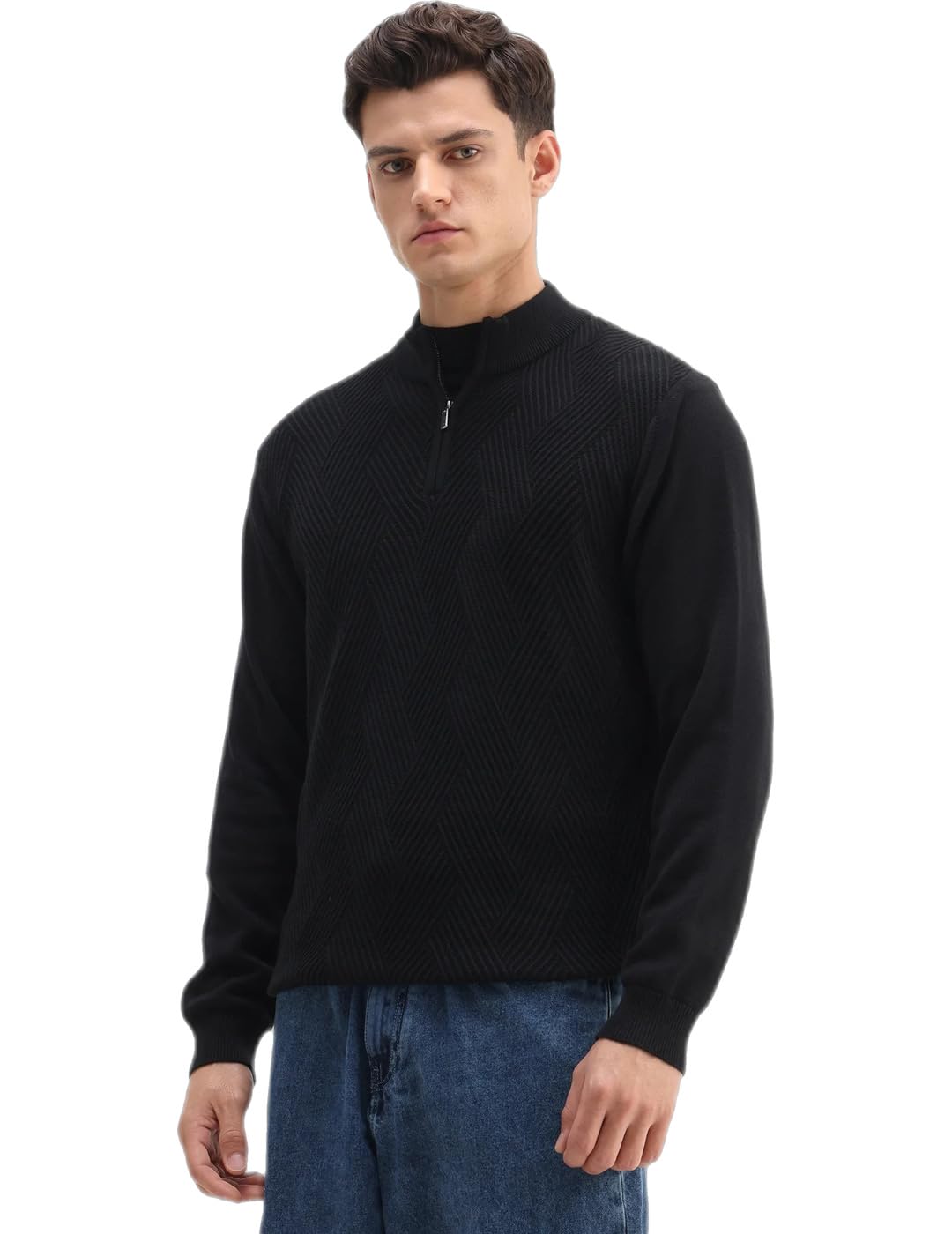 Men's Toyder Black Cotton Textured Regular Fit Full Sleeve High Neck Sweater-image-32