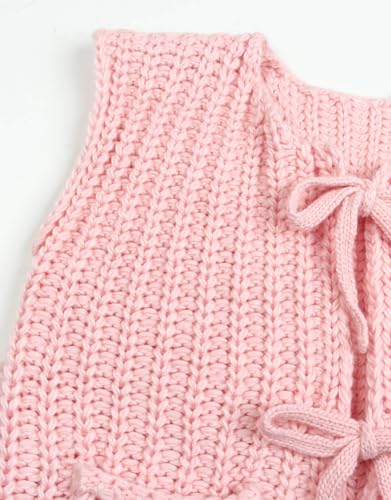 Image of Trendy Cardigan Sweater Vest Crochet Knit Top Sleeveless Bows with Pockets