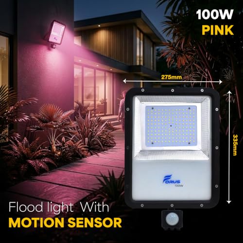 Image of Forus 100W LED Flood Light Pink with Motion Sensor Auto On Off Day Night Mode Waterproof Outdoor Security Light for Garden Parking Garage Factory Warehouse Shop High Bright Floodlight 4Yr Warranty-1Pc