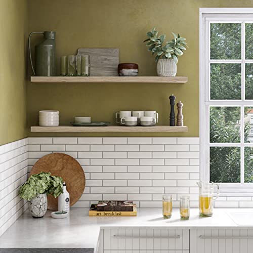 Ballucci Floating Shelves for Wall, 48\" Wood Wall Shelf Set of 2, with Invisible Brackets for Bathroom, Living Room, Bedroom, Kitchen, Nursery, 8\" Deep, Oak Finish