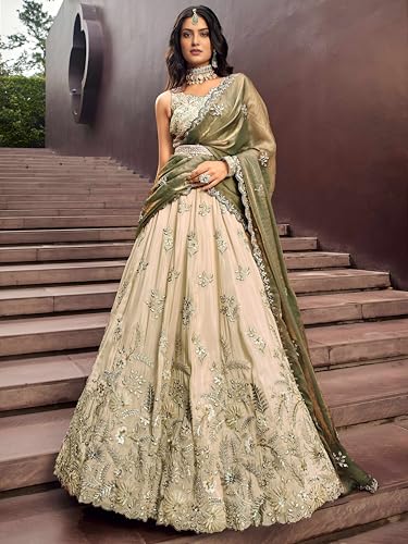 Image of Zeel Clothing Women's Dori, Sequins and Thread Embroidered Work Cosmos Silk Lehenga Choli With Dupatta (6019-Green-Women-Lehenga-Choli-Latest; Free size)