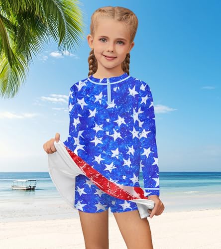 Image of Girls Rash Guard Set Two Pieces Printed Zipper Swimsuit Skirt with Shorts 3-12T