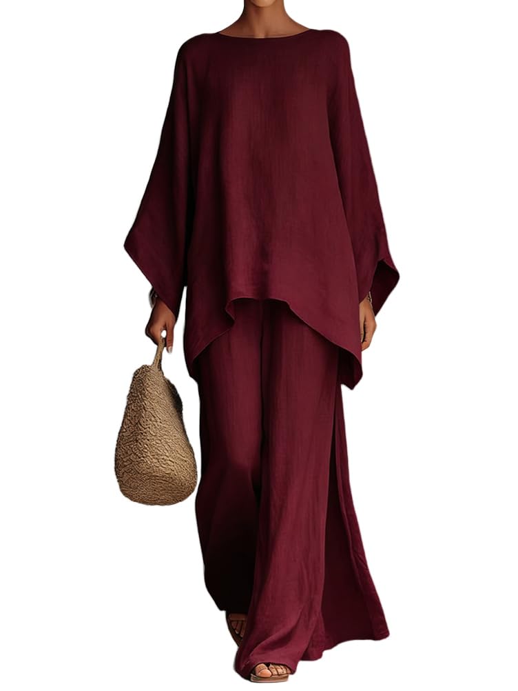 shownicer Ensemble Femme Coton et Lin 2 Pièces Chic et Elegant Tenue Manches Longues Tops Et Pantalon Ensembles en Lin Décontractée Ete Tenue