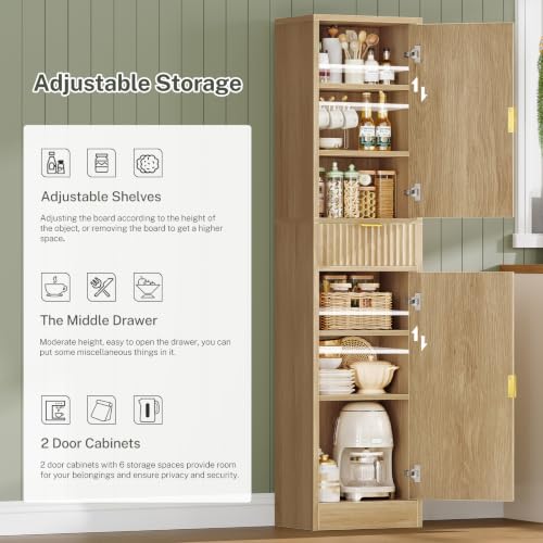 Image of TEENFON 66.9″ Storage Cabinet with 1 Drawer and 2 Doors, Tall Bathroom Storage Cabinet with Adjustable Shelves, Rattan Fluted Cabinet for Bathroom, Living Room, Kitchen, Natural Oak