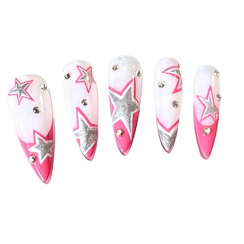 Pink Star Press on Nails Silver Star Long Fashion French Tip Nails Handmade (Medium)