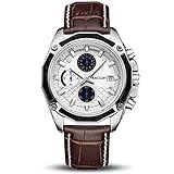 MEGIR Men Watches Fashion Genuine Leather Quartz Chronograph Watch Clock for Gentle Male Students (White)