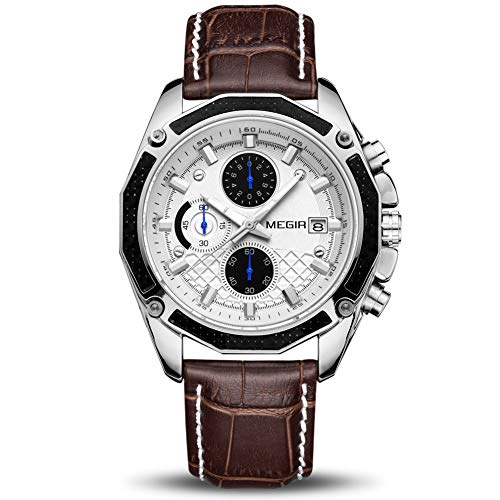 MEGIR Men Watches Fashion Genuine Leather Quartz Chronograph Watch Clock for Gentle Male Students (White)