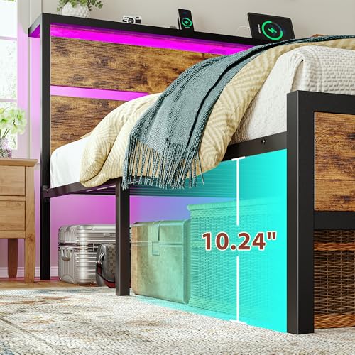 Image of Homkdom Full Size Bed Frame with USB Ports & LED Lights, Headboard Shelf, Heavy Duty Metal Platform with 10.24 inch Underbed Storage, Noise-Free Slats, No Box Spring Needed, Modern Brown