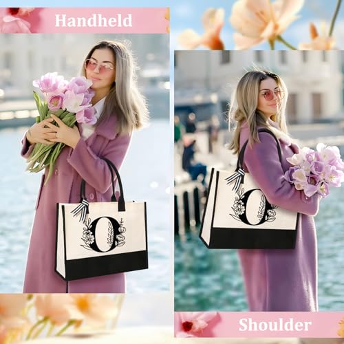 Image of Tecanne Personalized Initial Canvas Tote Bag, Suitable for Birthday, Wedding, Beach, Holiday, Gifts for Women, Mom, Teachers, Nurses, Best Friends, Bridesmaids (O)