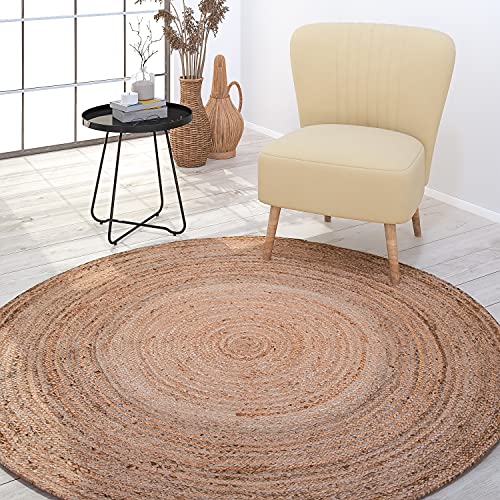 TT Home Wohnzimmer Teppich Jute Rund Modern Boho Ethno Handgefertigter Natur-Teppich Uni