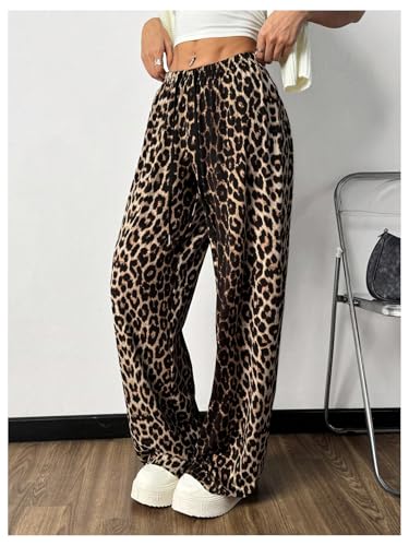 MakeMeChic Women's Leopard Print Pants Cheetah Sweatpants Drawstring Waist Wide Leg Baggy Jogger Pants3