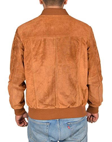 Mens Real TAN Suede Bomber Jacket Leather Varsity Baseball Casual Coat - Roco4