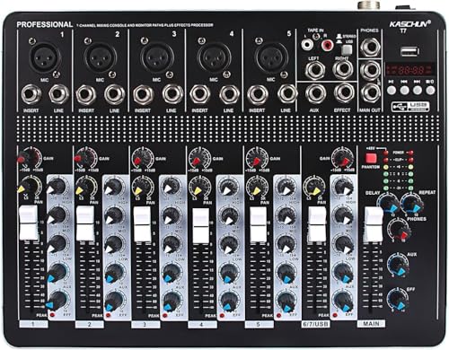 KASCHUN T7 7-Channel Audio Mixer with 48V Phantom Power, USB/MP3 Input & Reverb Effects for PC...