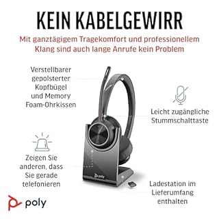 Schnurloses Poly Voyager 4320 UC-Headset und Ladestation – Stereo-Kopfhörer mit Noise Cancelling-Mikrofonarm – Verbindung mit PC/Mac/Mobiltelefon über Bluetooth – Kompatibel mit Teams, Zoom & mehr