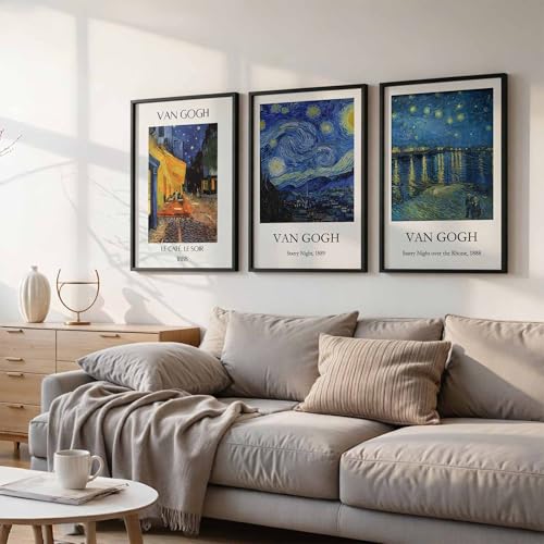 Image of Waltractive Vincent Van Gogh Starry Night, Cafe Terrace at Night & Starry Night over the Rhone Paintings Poster Wall Art Framed - Available in 9x13 and 13x19 Inches - Perfect Wall Decor for Bedroom and Dorm for Decoration for Art Lovers (Van Gogh Nightscape Trio, 9x13 Inch)