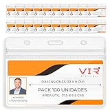 Pack 100 Fundas Porta Tarjetas Identificativas Transparentes - Plástico PVC Impermeable con Sellado Térmico - Porta Acreditaciones y Credenciales Colgante - Formato Grande (Horizontal, 12 x 9 cm)