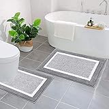 HEBE Bath Rug Set 2 Piece Non Slip Thick Bath Mat and Contour Toilet Rug Machine Washable and Dry Rugs Absorbent Bath Mats Set for Tub Shower (20'x32'+20'x24',Grey)