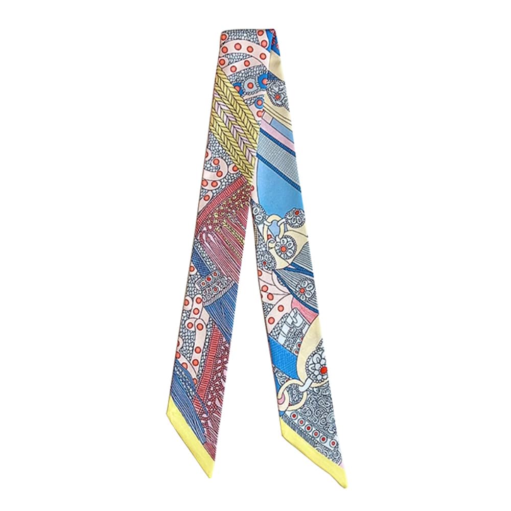 JERLA 100% Mulberry silk Scarf Head Hair Ribbon Handbag Handle wrap Tie Bundle Neckerchief Scarf for women, Saddle Blue and Yellow, 33.5"×1.97"