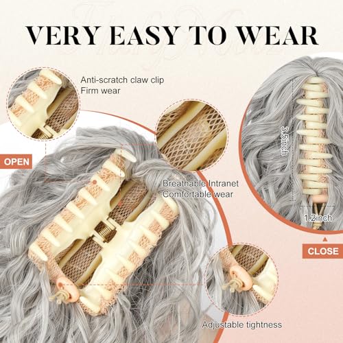Flufymooz Ponytail Extension, 12" Short Claw Ponytail Extension Wavy Curly Jaw Clip in Pony tails Hair Extension Natural Synthetic Hairpiece for Women (Grey/Silver/White Mixed) - Image 5
