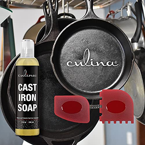 Image of Cast Iron Cleanser by Culina - Cleans and Protects Cast Iron Cookware, Kosher Certified 8oz with scrapers