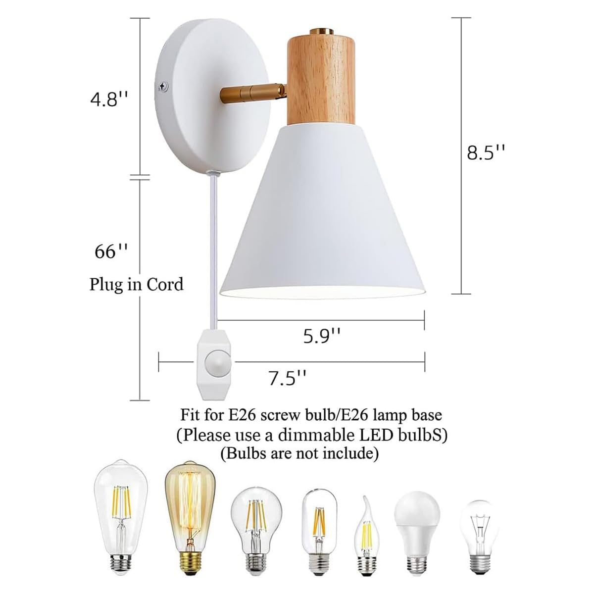 EaEa Retro Innen Wandleuchte Vintage mit Kabel, E27 Wandlampe aus Metall und Holz mit Schalter und Stecker, Verstellbare Nachttischlampe Wand Leselampe Wandspot für Schlafzimmer Wohnzimmer Hotel,Weiß