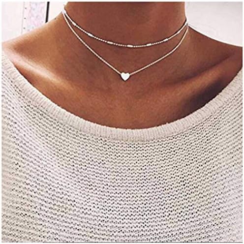 Olbye Yfe Heart Choker Tiny Heart Pendent Choker Necklace Double Layered Necklace Jewelry for Women and Girls Minimal Simple Style
