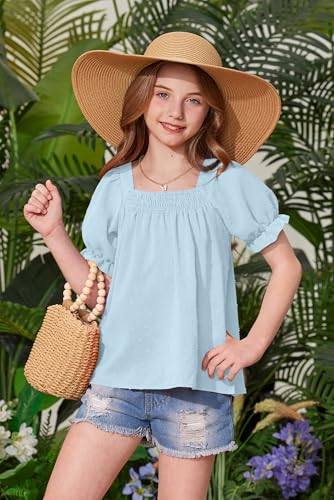 Image of BesserBay Girls Summer Puff Short Sleeve Square Neck Tee Shirts Ruffle Smocked Blouses Cute Swiss Dot Tops 5-14 Years