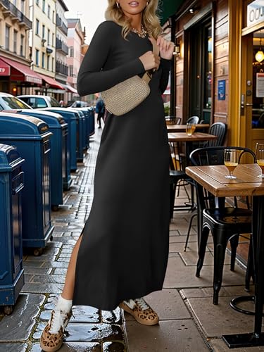 ANRABESS Women Long Sleeve Dresses 2025 Fall Casual Crewneck Loose Fit Split Flowy Wrinkle-Free Travel Vacation Maxi Dress2