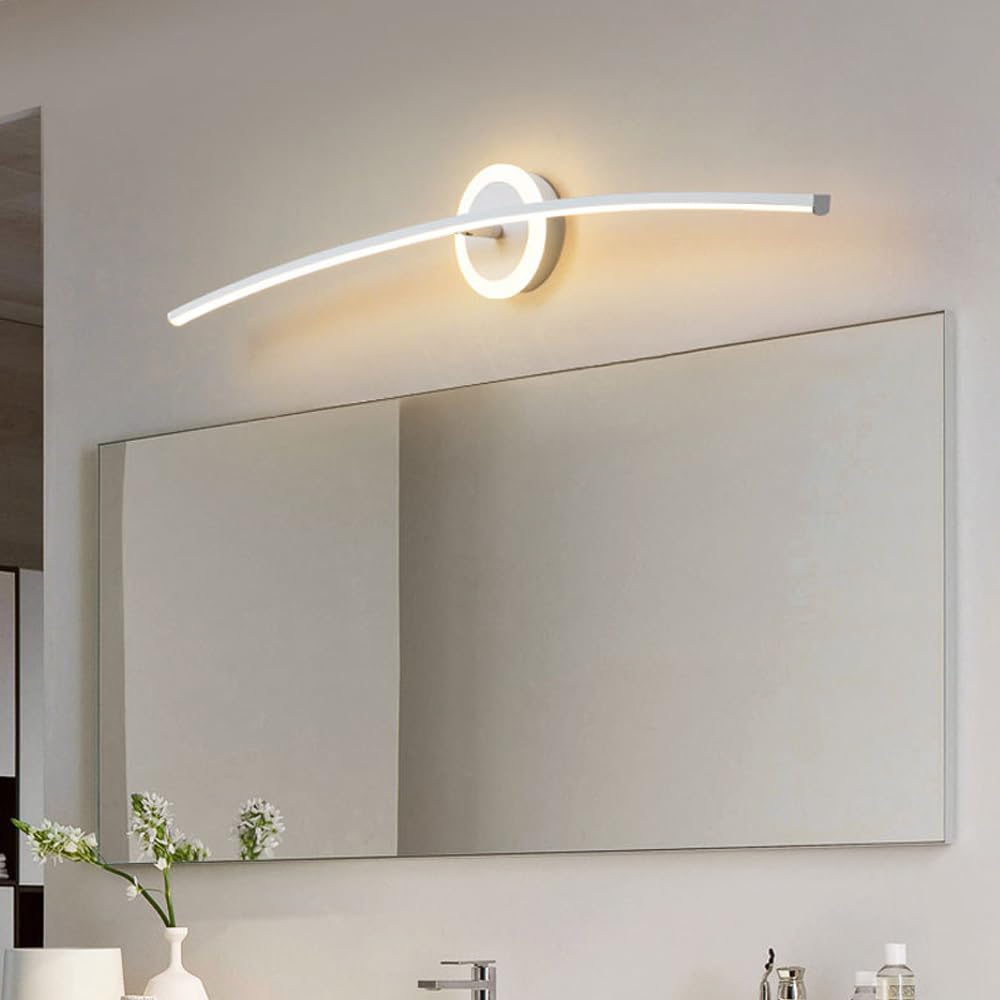Lámpara de pared interior curvo, 25W lampara led espejo baño, led apliques de pared largo, 100cm aplique moderno dormitorio, sala de estar, pasillo (Blanco-100cm)