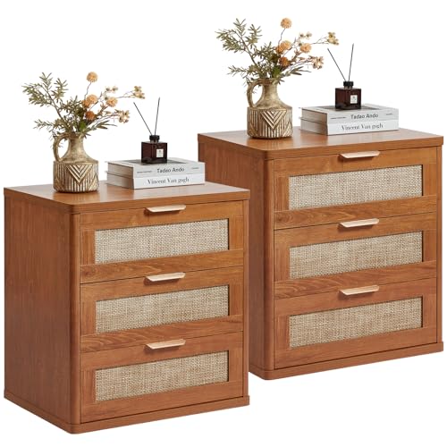 Image of LEYAOYAO Rattan Night Stand Set of 2 with Drawers, 23 inch Large 3 Drawer Boho Nightstand, Natural Wood Bedside Table Storage Cabinet, Bed Side End Tables Dresser for Bedroom, Living Room, Hallway, Closet